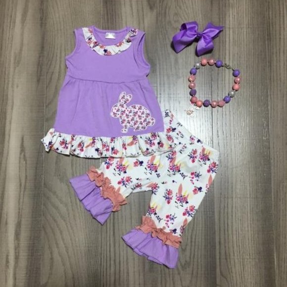 Boutique Floral Easter Bunny Girls Outfit Set